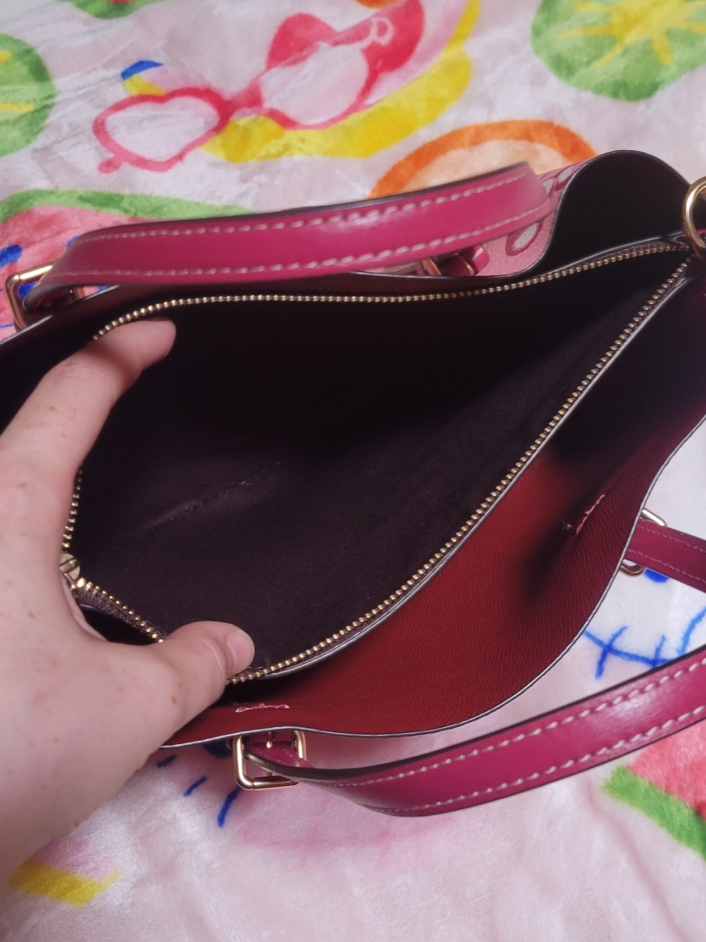 Coach Pink Cherry-Print Leather Tote with Dark Pink Trim - Picture 3 of 6